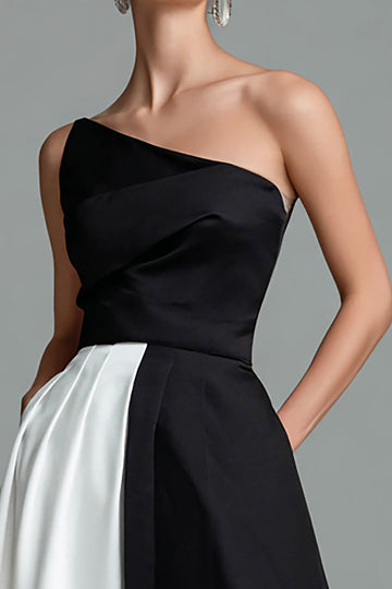 Black White One Shoulder Satin A Line Long Formal Dress